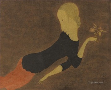  Rose Pintura al %C3%B3leo - JEUNE FILLE a LA ROSE CIRCA 1917 Leonard Tsuguharu Foujita Japonés